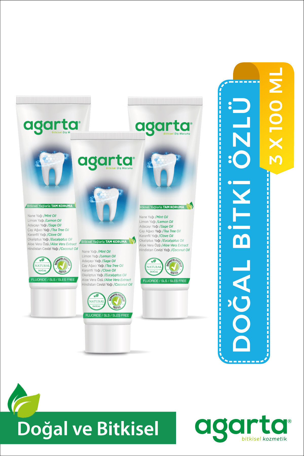 Agarta Doğal Bitki Özlü Florürsüz Diş Macunu 100 Ml/130 Gr (3 Adet)