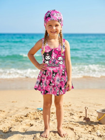 Cgboutiquestylekids Cg Kids Kuromi Kız Çocuk UV Korumalı Volanlı Mayo ve Bone Havuz Deniz Takımı - Image 1