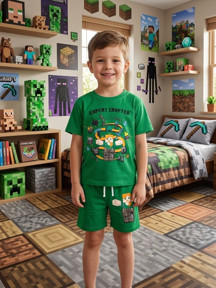 Cgboutiquestylekids Cg Kids Expert Crafter Baskılı Erkek Çocuk Yeşil Baskılı Pamuklu Şortlu Takım - Image 1