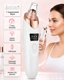 Nivego AHM Vakumlu Derma Siyah Nokta Temizleme Cihazı LCD Ekranlı 5 Başlıklı 3 Kademeli Güç Ayarlı USB Şarjlı Gözenek Temizleyici Yüz Bakım Cihazı - Image 1