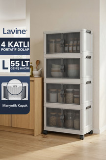 Lavine ”Large” 4 Katlı Portatif Organizer Tekerlekli Dolap Çok Amaçlı Mıknatıs Kapaklı Katlanır - Beyaz - Image 1
