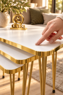 Odera Beyaz Tel Zigon Sehpa 3'lü Set Metal Ayaklı Modern Retro Salon Sehpası - Image 1
