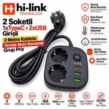 hi-link 2xSoketli 1xTypeC+2xUSB Girişli 2Metre Termal Akım Korumalı Grup Priz Siyah - Image 1