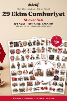 Atatürk Sticker Seti 100 Adet - 29 Ekim Cumhuriyet Bayramı Türk Bayrağı Vintage Ajanda Çıkartma - Image 1