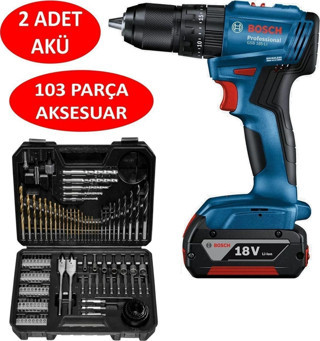 Bosch Şarjlı Matkap Çift Akülü Kömürsüz Darbeli Matkap Akülü Vidalama 103 Parça Matkap Vidalama Ucu