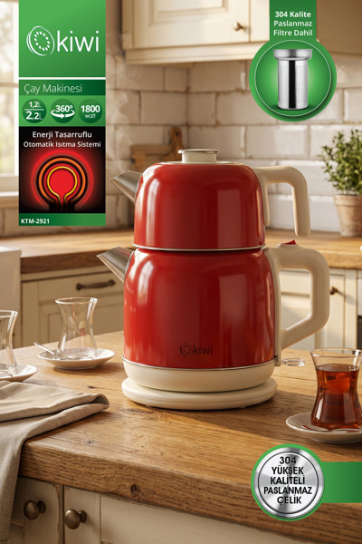 Kiwi KTM-2921 Paslanmaz Çelik Çay Makinesi | 1800W & 2.2 L Su Isıtıcı & 1.2 L Demlik & 90°C Sıcak Tutma - Kırmızı