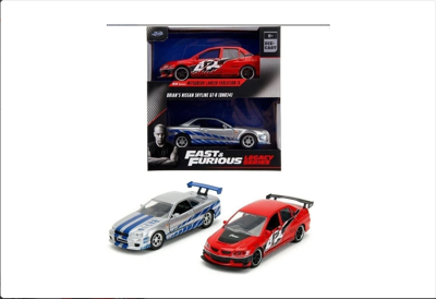 JADA F&f Legacy Series Mitsubishi Lancer Evo Ix& Brian's Nissan Skyline Gt-R [BNR34] 1/32 Ikili Araba Seti Dikkat 1/32 Ölçektir