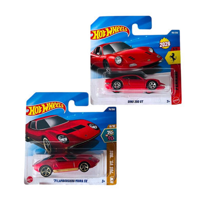 Hot Wheels 2 Araç Set - Ferrari Dino 206 GT - Kırmızı & '71 Lamborghini Miura - Kırmızı (1/64) JJH56 - HYX22
