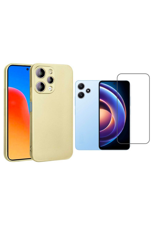 20068310 Xiaomi Redmi 12 Uyumlu Kılıf Soft Yumuşak Telefon Kılıfı Ve Temperli Cam Ekran Koruyucu Gold
