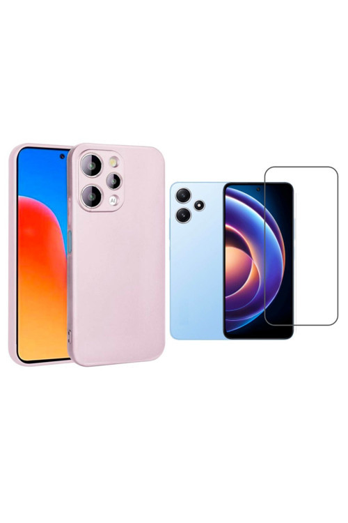 20068310 Xiaomi Redmi 12 Uyumlu Kılıf Soft Yumuşak Telefon Kılıfı Ve Temperli Cam Ekran Koruyucu Rose Gold