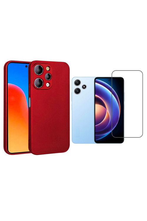 20068310 Xiaomi Redmi 12 Uyumlu Kılıf Soft Yumuşak Telefon Kılıfı Ve Temperli Cam Ekran Koruyucu Kırmızı