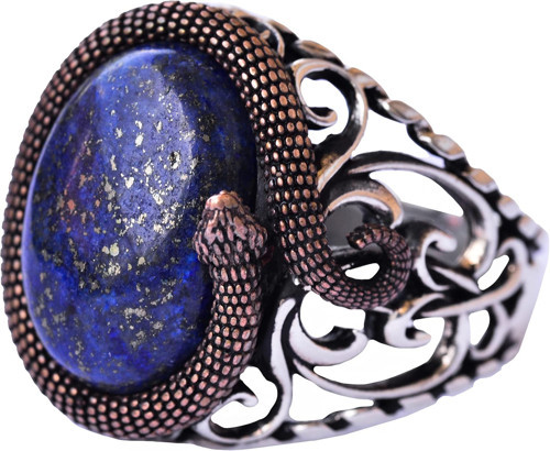 Doğal Lapis Lazuli Taşı, Yılan Yüzük, El Yapımı Yüzük, Ayar Gümüş Erkek Yüzüğü, Mavi Gümüş Aksesuar