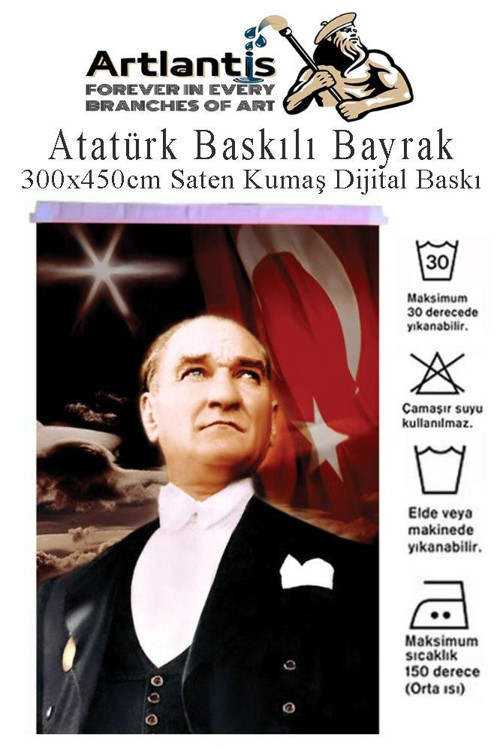 Atatürk Baskılı Türk Bayrağı 300x450 cm 1 Paket Bayraklı Atatürk Posteri Dijital Baskı Raşel Kumaş İç ve Dış Ortama Uygu