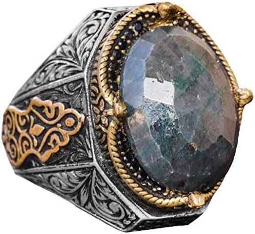 El Yapımı Vintage Tasarım Zümrüt Yüzük - 925 Ayar Gümüş Erkek Yüzük Altın Aksanlarla (Zümrüt)