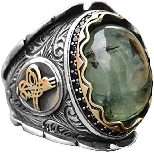 925 Ayar Gümüş Erkek Yüzük, Doğal Prehnit Taşı, El Yapımı Tasarım, Yeşil Taş Yüzük Erkekler İçin