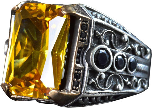 925 Ayar Gümüş Doğal Citrine Taşlı Erkek Gümüş Yüzük, Citrine Taşlı Erkek Yüzüğü, El Yapımı Oymalı Erkek Gümüş Yüzük, Türk Gümüş Yüzüğü, Sarı