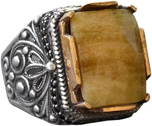 Sarı Safir Yüzük, Gümüş Sarı Safir Yüzük, 925 Ayar Gümüş Erkek Yüzük, Büyük Yüzük