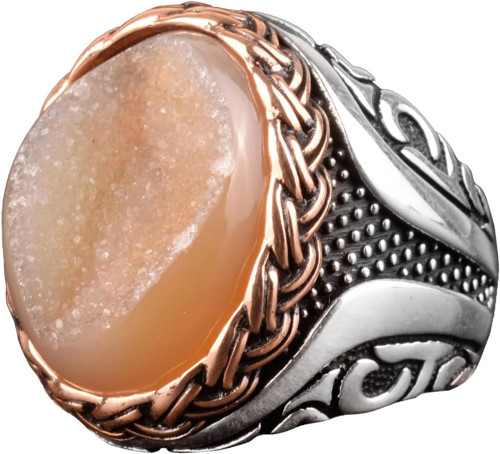 Gerçek Doğal Druzy Kristal Kuvars Taşı Yüzük, Doğum Taşı Yüzüğü, 925 Ayar Gümüş Yüzük (Sarı)