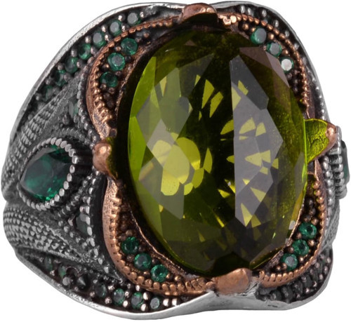 Peridot Yapay Taşlı Yüzük - 925 Ayar Gümüş Yüzük - El Yapımı Taş Takı - Gümüş Erkek Yüzüğü