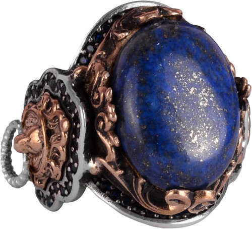 Doğal Lapis Lazuli Taş Yüzük, Aslan Başı Erkek Yüzüğü - Kraliyet 925K Katı Gümüş Erkek Yüzüğü - Bilgelik ve Gerçek Tasarımı