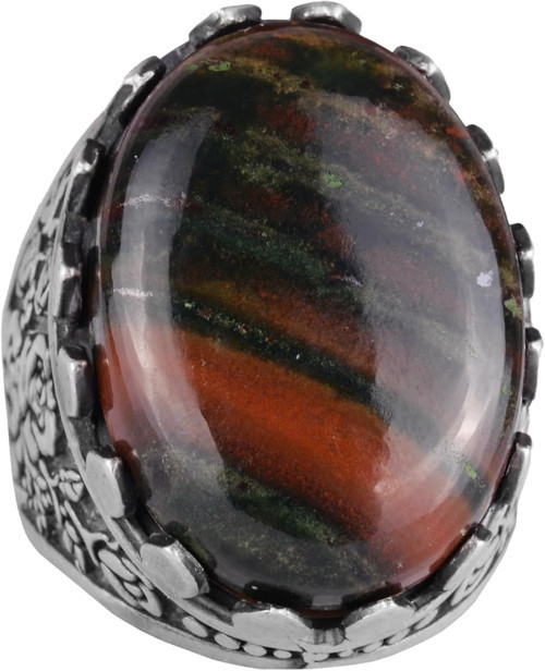 Gerçek Doğal Taş Yüzük - Gül Desenli Yüzük - 925 Ayar Gümüş Yüzük - El Yapımı Büyük Yüzük (Yeşil Kan Taşı)