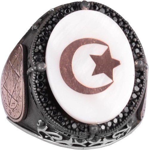 El Yapımı Desenli Yüzük - 925 Ayar Gümüş Erkek Yüzüğü - Davut Yıldızı Takısı (Yıldız ve Hilal)