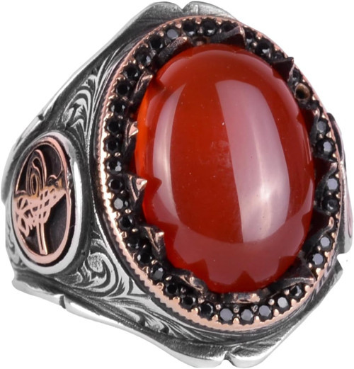 925 Ayar Katı Gümüş Erkek Yüzük Doğal Taşlarla - El Yapımı Şıklık (Kırmızı Akik Taşı)