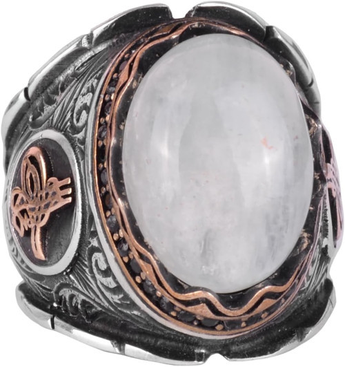 Doğal Cabochon Akuamarin Taş Yüzük, Osmanlı İmparatorluğu Tuğra Gümüş Yüzük, Huzur Temalı 925K Katı Gümüş Erkek Yüzük