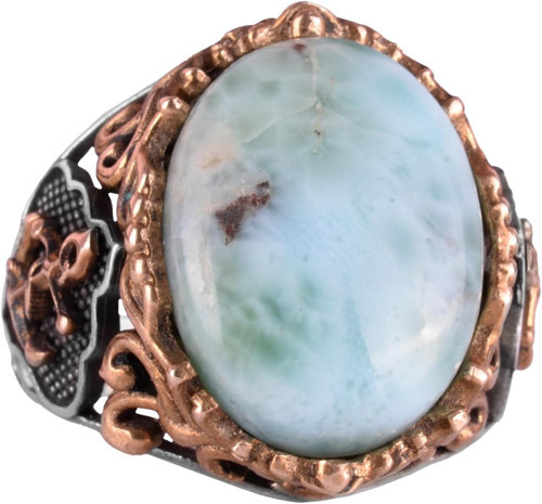 Larimar Taşlı Gümüş Yüzük - Huzur Verici 925 Ayar Katı Gümüş Erkek Yüzüğü - Okyanus Sakinliği Tasarımı