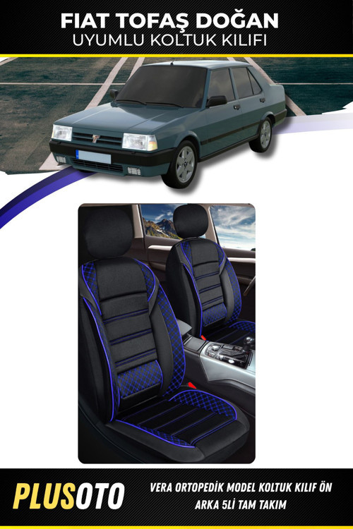 Fiat / Tofaş Doğan Uyumlu Vera Serisi Siyah Mavi Oto Koltuk Kılıfı 5Li Takım Set M-138