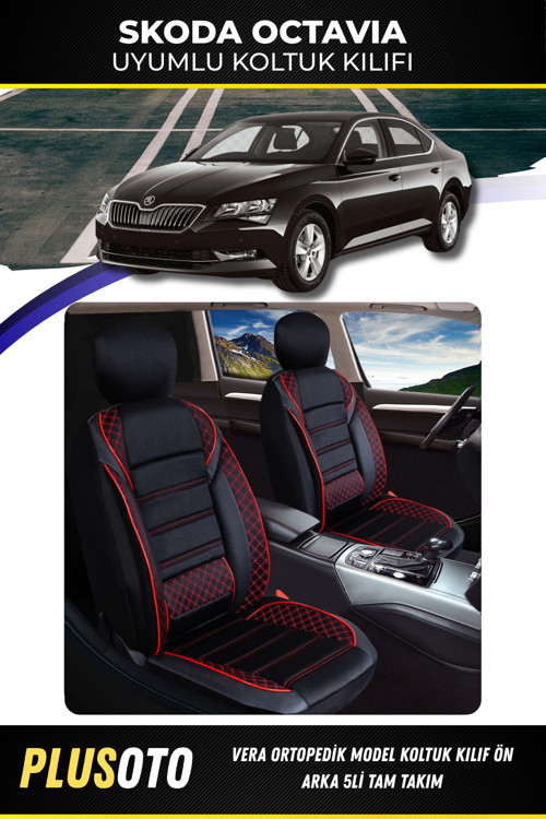 Skoda Octaviauyumlu Vera Serisi Siyah Kırmızı Oto Koltuk Kılıfı 5Li Takım Set M-917