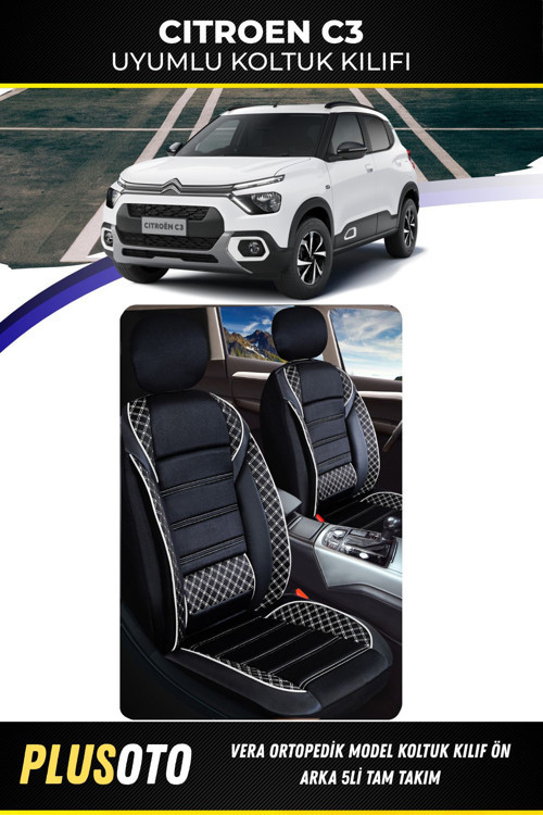 Citroen C3 Uyumlu Vera Serisi Siyah Beyaz Oto Koltuk Kılıfı 5Li Takım Set M-52