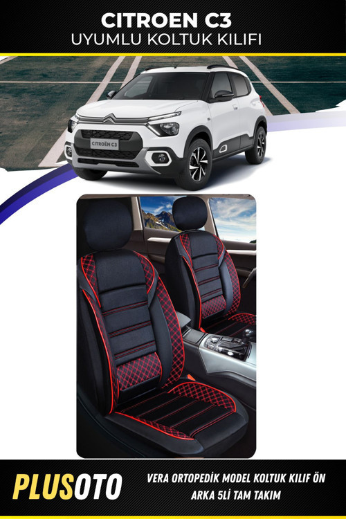 Citroen C3Uyumlu Vera Serisi Siyah Kırmızı Oto Koltuk Kılıfı 5Li Takım Set M-53