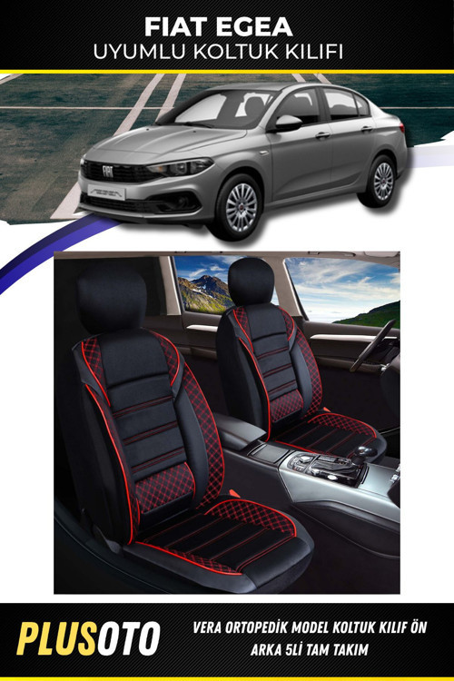 Fiat Egea Uyumlu Vera Serisi Siyah Kırmızı Oto Koltuk Kılıfı 5Li Takım Set M-203