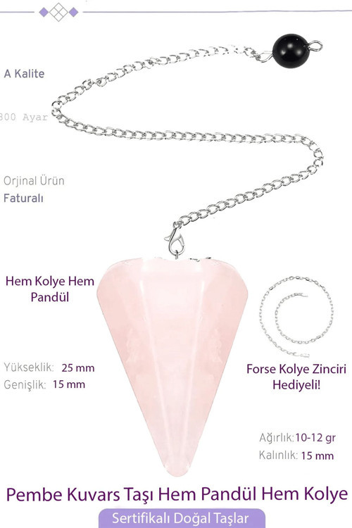 Sertifikalı Pembe Kuvars Taşı Pandül Sarkaç Hem Pandül - Hem Kolye Doğal Pembe Renk 40 cm