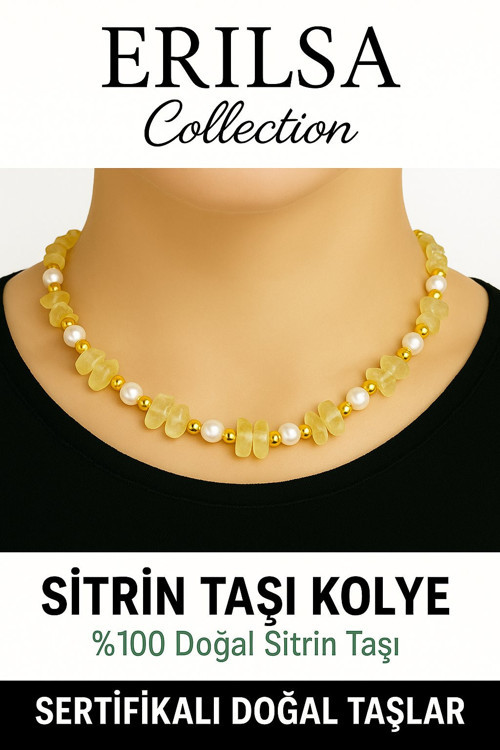 Sertifikalı Kırık Taşlı Model İnci – Sitrin Taşı Kolye – Pozitif Enerji ve Bolluk