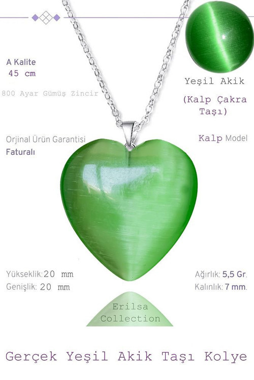 Sertifikalı Kalp Model Yeşil Akik Taşı Kolye (Gümüş Aparatlı)