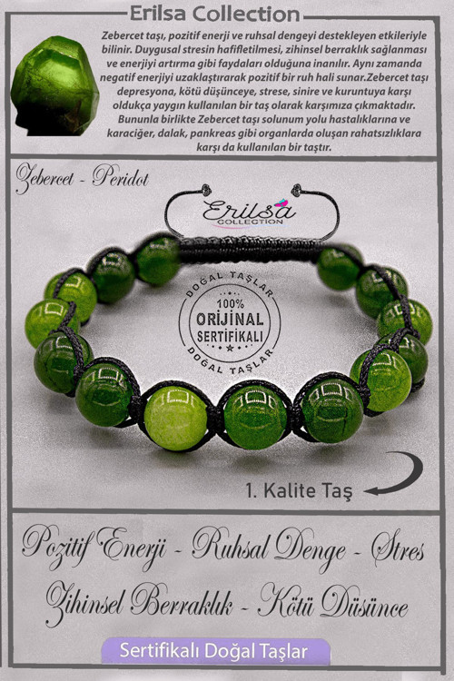Sertifikalı AAA+ Kalite Gerçek Zebercet Taşı Bileklik - Peridot