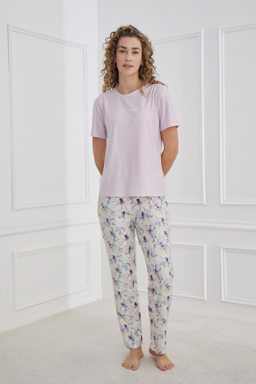 Kadın Bisiklet Yaka Çiçek Desenli Pijama Takım | Lila 30102-1168