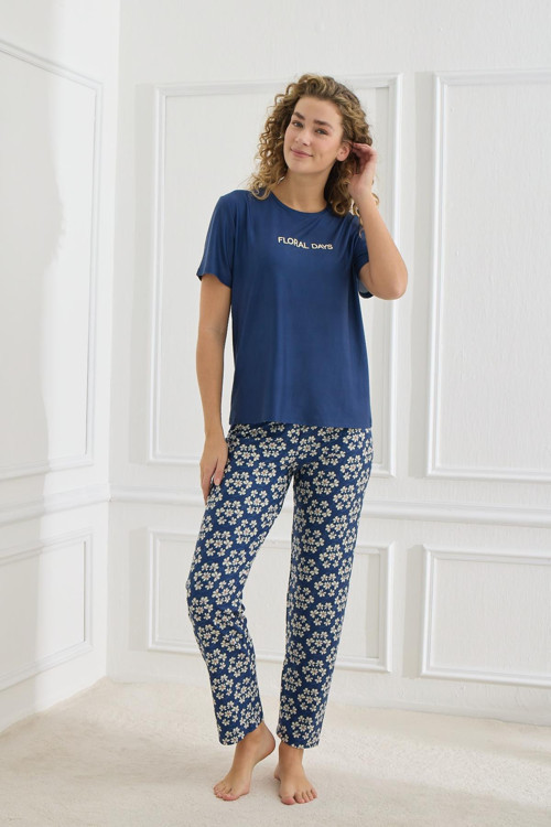 Kadın Çiçek Desenli Bisiklet Yaka Pijama Takım | Lacivert 30102-963