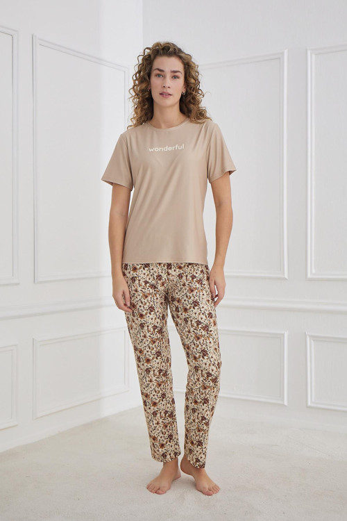 kadın Desenli Bisiklet Yaka Kısa Kollu Pijama Takım | Kahverengi 30102-1173