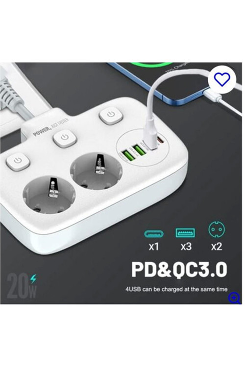Vothoon Akım Korumalı 2'li Ayrı Anahtarlı Priz, 2x Priz, 3x USB, 1x Type-C, 2 mt Kablo, Hızlı Şarj 2