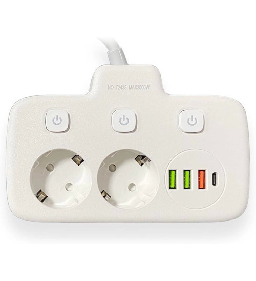 Vothoon Akım Korumalı 2'li Ayrı Anahtarlı Priz, 2x Priz, 3x USB, 1x Type-C, 2 mt Kablo, Hızlı Şarj 3