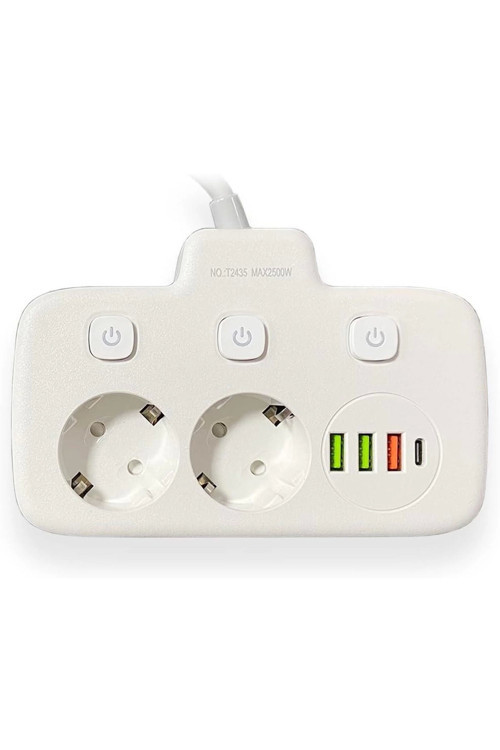 Vothoon Akım Korumalı 2'li Ayrı Anahtarlı Priz, 2x Priz, 3x USB, 1x Type-C, 2 mt Kablo, Hızlı Şarj 4