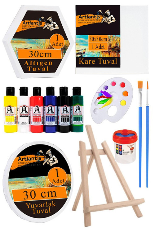 Kare Yuvarlak ve Altıgen Tuval 30 cm 6 Renk Akrilik Boya Şövale 1 Paket 30x30 cm Arkadan Zımbalı Astarlı Resim Tuvali