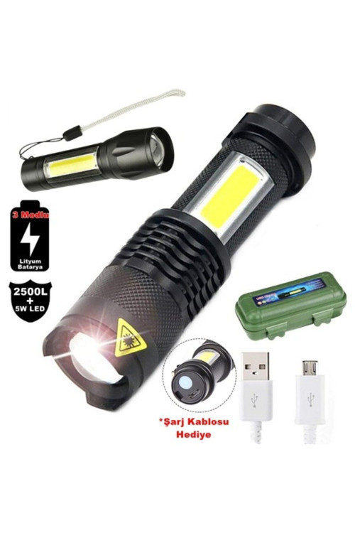 2500 Lumens + 5W Cob Led Usb Lion Şarjlı Ultra Güçlü Q5 Xpe Su Geçirmez Şarjlı El Feneri (4415)
