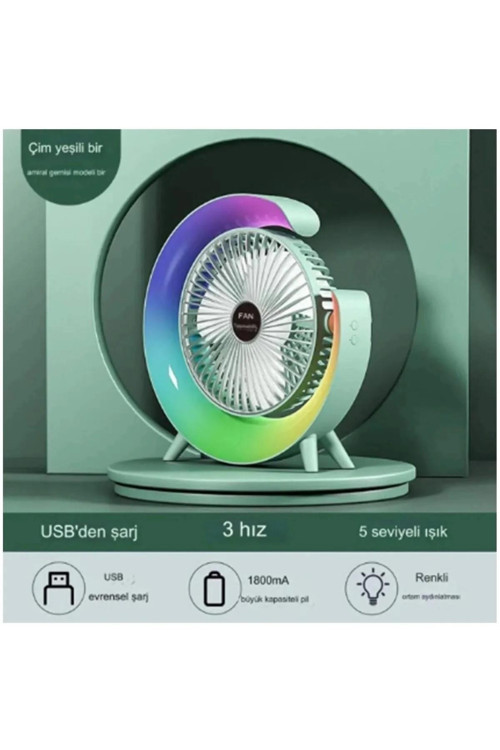 Masaüstü Vantilatör Usb Şarjlı Rgb Led Işıklı 3 Kademeli 180° Ayarlanabilir Soğutucu Fan Pembe