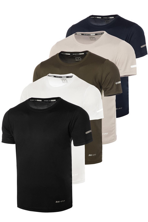 Erkek 5'li Paket Dry Fit Siyah Lacivert Beyaz Haki Gri Atletik Nem Emici Günlük Tshirt