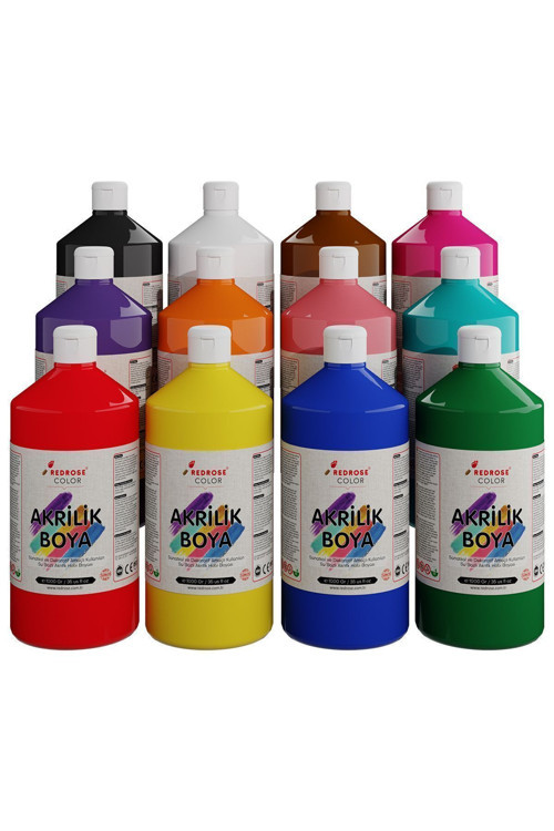 Tüm Renkler Akrilik Boya Seti, 12'Li Set 12X1000Gr, Dekoratif Hobi Amaçlı Sanatsal Canlı Renkler