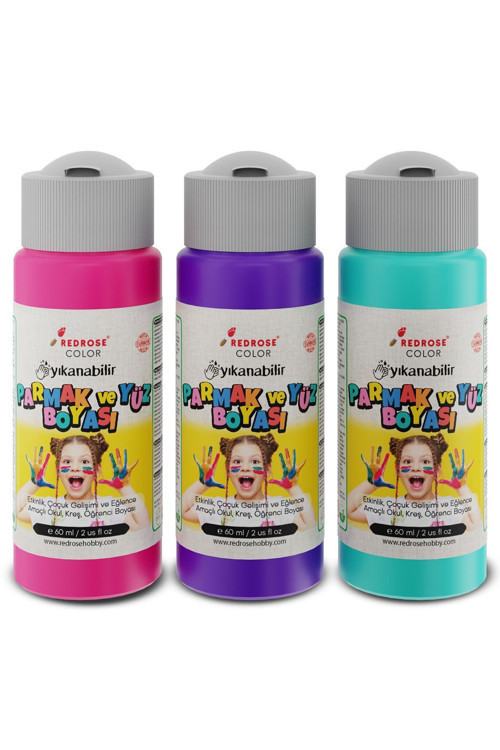 Turkuaz-Fuşya-Mor Parmak Boyası 3'Lü Set 3X60Ml Yıkanabilir, Toksik İçermez, Çocuk Okul Kreş İçin